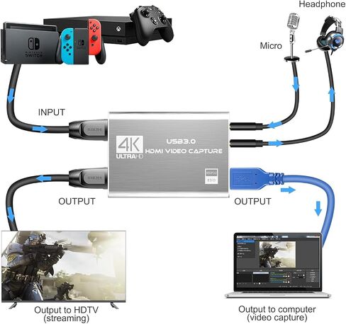 بطاقة التقاط فيديو HDMI 4K، مسجل فيديو USB3.0 1080P 60FPS، بطاقة التقاط نينتندو سويتش لبث الألعاب والبث، تعمل مع Xbox Series X/S، Xbox One X/S، PS4، PS5، OBS، الكاميرا، الكمبيوتر الشخصي in Saudi Arabia