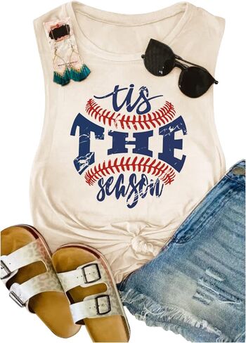 قميص بدون أكمام صيفي بدون أكمام للسيدات من Summer Days and Double Plays Baseball للنساء، مطبوع عليه حروف مضحكة، كرة لينة للعضلات in Saudi Arabia