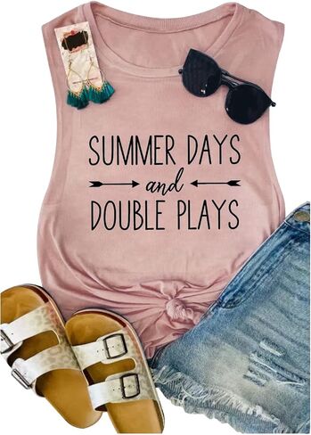 قميص بدون أكمام صيفي بدون أكمام للسيدات من Summer Days and Double Plays Baseball للنساء، مطبوع عليه حروف مضحكة، كرة لينة للعضلات in Saudi Arabia