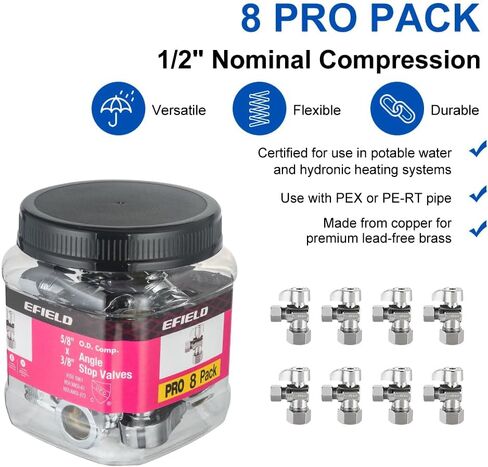 Pro 4-Pack EFIELD صمام إيقاف مستقيم 1/2 بوصة اسمي (5/8 بوصة OD) ضغط × 3/8 بوصة OD، 1/4 دورة، شديد التحمل، نحاس LF مطلي بالكروم in Saudi Arabia