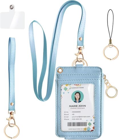 Bolimoss 2-in-1 ID Badge Holder & Lanyard Wallet, Credit Card Holders with Breakaway Wristlet & Neck Lanyard, Leather ID Name Badge 5 Card Slots Zipper Purses for Offices, School, Driver Licence in Kuwait