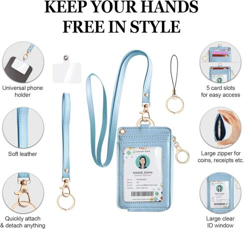 Bolimoss 2-in-1 ID Badge Holder & Lanyard Wallet, Credit Card Holders with Breakaway Wristlet & Neck Lanyard, Leather ID Name Badge 5 Card Slots Zipper Purses for Offices, School, Driver Licence in Kuwait