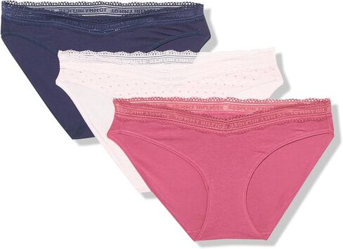 Tommy Hilfiger Women's 3pk Cotton Logo Lace Trim V Bikini in Saudi Arabia