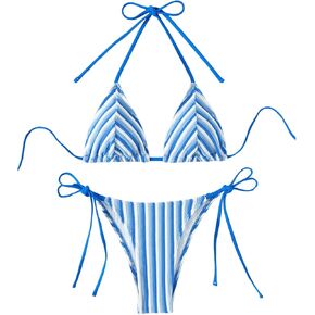 Women's 2 Piece Bikini Sets Halter Tie Side Triangle Swimsuit Striped Bathing Suit