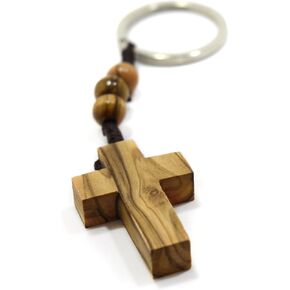 Authentic Olive Wood Cross Keyring with Three Rosary Beads for Faith Hope & Charity