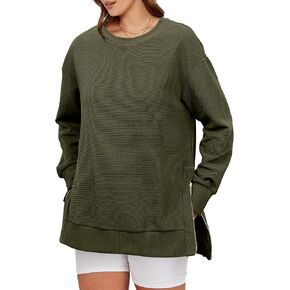 Glamaker Womens Oversized Sweatshirts Crewneck Side Zipper Pollover Long Sleeve Hoodie Sweaters 2024 Fall Clothes