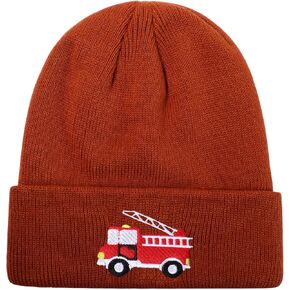 Kids Knit Beanie Cute Fire Trucks Embroidery Warm Cuffed Skull Caps Classic Autumn Winter Hats for Boys Girls 3-8 Years