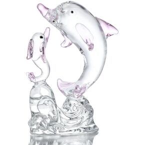 H&D HYALINE & DORA Double Crystal Glass Dolphins Figurines Collectibles, Sea Animal Sculpture Statue, Home Desk Decoration Ornaments