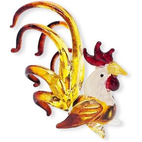 WitnyStore Tiny 2" High Yellow Brown Sitting Rooster Figurine - Miniature Hand Blown Painted Glass Chicken Hen Chicks Fowl Birds Crystal Animals Decorative Collectible Figurines Home Décor Gifts