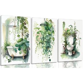 3Pcs Framed Botanical Bathroom Wall Art Sage Green Leaves canvas Posters Print Funny tropical green plants wall Decor pictures Home Bathroom Decoration
