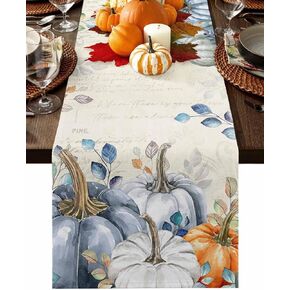 Fall Table Runner 13x72 Inches Long Thanksgiving Blue Pumpkin Runner for Table Teal Eucalyptus Leaves Table Runners Cotton Linen Dresser Scarf for Kitchen Coffee Dining Autumn Holiday Party Decor