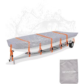 Jon Boat Cover 12ft - 14 ft Heavy Duty Jon Boat Waterproof Trailerable Jon Boat Covers with Windproof Straps, Fits 14ft Long and Beam Width up to 70 inches, Gray
