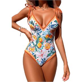 SweatyRocks Women's Swimwear Graphic Print Tie Shoulder Monokini Tummy Control One Piece Swimsuit