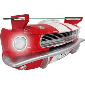 Sunbeltgifts 1966 Carroll Shelby GT350 Floating Shelf, White with Blue Stripes, 19.7x5.9x7.9 inches, Tempered Glass, LED Headlights, Automotive Wall Decor, Shelby Lover Gift, Vintage Car Enthusiast