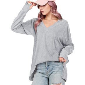 Rapbin Women's Long Sleeve T Shirts Casual V Neck Tops Loose Fall Outfits with Thumb Holes