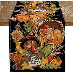 ARKENY Fall Thanksgiving Turkey Table Runner 13x72 Inches, Pumpkin Black Give Thanks Holiday Indoor Outdoor Table Decoration for Home