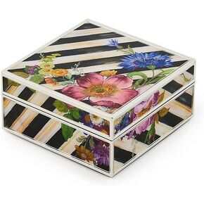 MACKENZIE-CHILDS Silver-Plated Trinket Box, Small Storage Box for Jewelry, Keepsakes, Ring Storage, or Gift Giving, Courtly Stripe with Flower Market