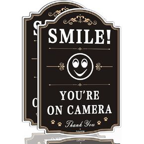 Smile You're On Camera Signs Video Surveillance Signs 12 x 8 Inches Home Business Driveway Alert CCTV Security Camera Warning Signs Metal Rust-Free Aluminum, Indoor or Outdoor Use, 2 Pack