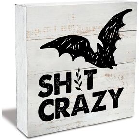 Rustic Crazy Wood Box Sign Fall Bat Wooden Box Sign Halloween Sign Farmhouse Home Desk Shelf Decor (5 X 5 Inch)