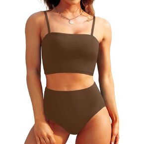 مجموعة بيكيني Tempt Me Women Bandeau بدون حمالات عالية الخصر مكونة من قطعتين ملابس سباحة طويلة in Kuwait