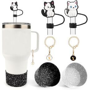 6PCS Cup Accessories for Yeti, Cat Straw Cover Compatible with Yeti 25oz-35oz, Bling Silicone Boot Sleeve, Letter Chain Charms, Personalized Cup Accessories Decorations (W)