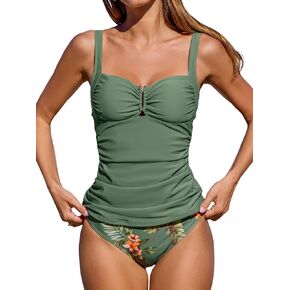 CUPSHE Women's Tankini Sets Two Piece Swimsuit High Waisted Sweetheart Neck Front U Cutout Adjustable Straps