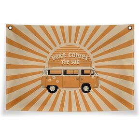 Boho Here Comes The Sun Canvas Flag,Boho Sunshine Canvas Banner,Bohemian Summer Sun Decor For Women Men,Boho Bus Sun Wall Decor Sunshine Classroom Decor 30X20 Inch