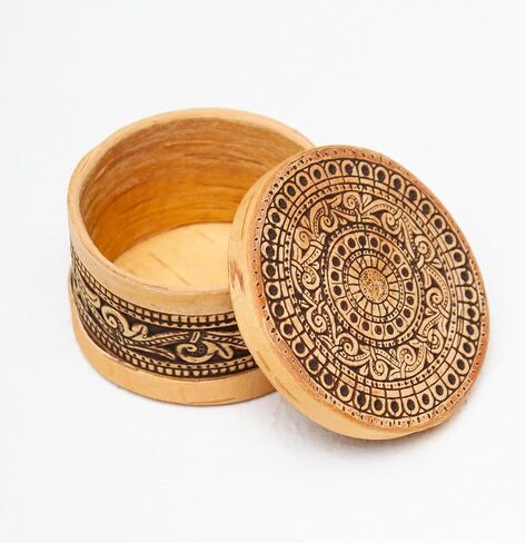 صندوق تخزين تذكاري صغير للمجوهرات المزخرفة، علب هدايا لحاء البتولا الخشبي الدائري in Kuwait
