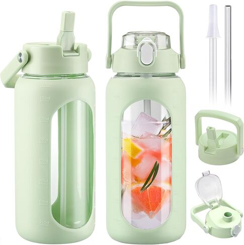 BLUEGO 64oz Glass Water Bottles with 2 Lids Flip Lid and Spout Lid Half Gallon Water Bottle with Straw 2L Large Water Bottle with Time and Capacity Markers for Gym Home Office Leak-proof, Amber in Saudi Arabia