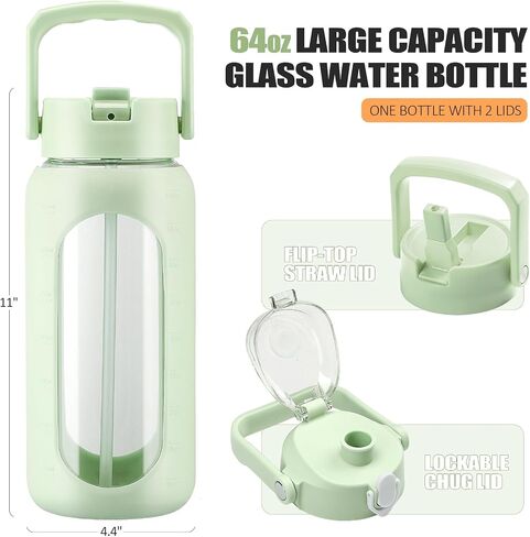 BLUEGO 64oz Glass Water Bottles with 2 Lids Flip Lid and Spout Lid Half Gallon Water Bottle with Straw 2L Large Water Bottle with Time and Capacity Markers for Gym Home Office Leak-proof, Amber in Saudi Arabia