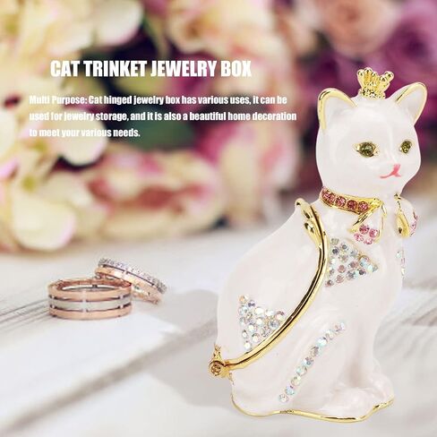 Yosoo Enamel Cat Trinket Box, Cat Hinged Jewelry Box with Crystals, Hand Painted Cat Trinket Box Rings Earrings Necklace Storage Box Cat Home Decor Decor Gift in Saudi Arabia