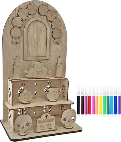 ديكورات يوم الموتى، مجموعة مذبح جماجم السكر الميت مع 25 قطعة من الكتل الخشبية و12 قلم رصاص ملون، ديكورات Dia De Los Muertos لديكور Ofrenda Niche Altar of the Dead in Kuwait