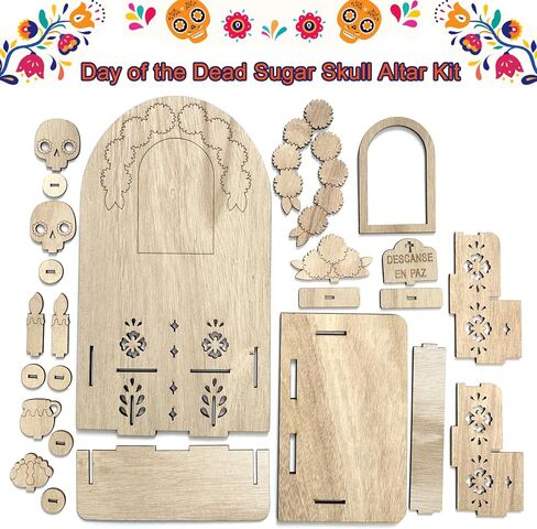 ديكورات يوم الموتى، مجموعة مذبح جماجم السكر الميت مع 25 قطعة من الكتل الخشبية و12 قلم رصاص ملون، ديكورات Dia De Los Muertos لديكور Ofrenda Niche Altar of the Dead in Kuwait