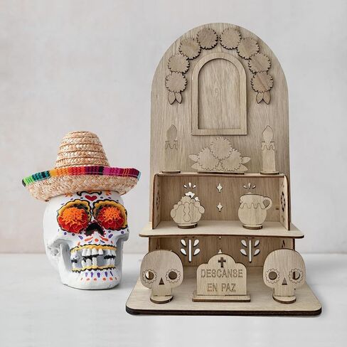 ديكورات يوم الموتى، مجموعة مذبح جماجم السكر الميت مع 25 قطعة من الكتل الخشبية و12 قلم رصاص ملون، ديكورات Dia De Los Muertos لديكور Ofrenda Niche Altar of the Dead in Kuwait