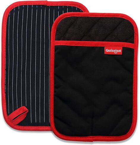 Oven Mitts and Pot Holders Set, Heat Resistant Oven Mitts Gloves Set Hot Pads for Kitchen Cooking Grill, Pure Cotton and Terrycloth Lining, Heavy Duty Thick Gloves Black, 4-Piece Set, by Coziselect in Saudi Arabia
