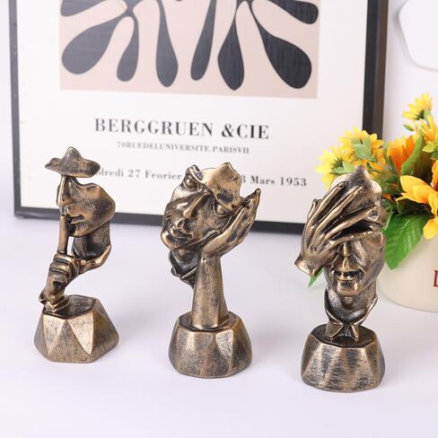 3 Pcs Thinker Statue and Sculptures, Silence is Gold Abstract Art Figurine, No Hear No See No Speak Modern Home Resin Sculptures Decorative items suitable for Bookshelf Tabletops Decor (Silver) in Saudi Arabia