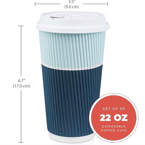 To Go Coffee Cups With Lids - 22 oz Disposable Coffee Cup With Lid. Large Togo Travel Paper Ripple Hot Cups Insulated For Hot, Cold Beverage Drinks, No Sleeves Needed (50, Royal Blue) in Saudi Arabia