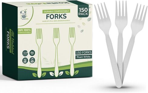 KOALALOVE-150pc 100% Compostable Forks - 150 Large Disposable Utensils. Koala Love, durable and heat resistant alternative to plastic forks with convenient tray in Saudi Arabia