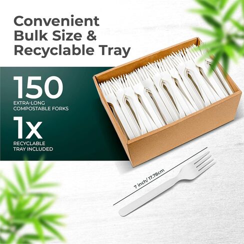 KOALALOVE-150pc 100% Compostable Forks - 150 Large Disposable Utensils. Koala Love, durable and heat resistant alternative to plastic forks with convenient tray in Saudi Arabia
