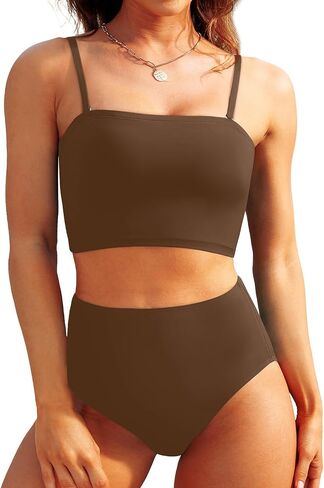 مجموعة بيكيني Tempt Me Women Bandeau بدون حمالات عالية الخصر مكونة من قطعتين ملابس سباحة طويلة in Saudi Arabia