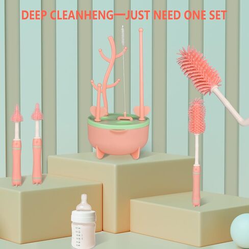 Bottle Brush Tube Cleaning Set, Long Handle Bottle Cleaner with Organizer for Washing Narrow Neck Beer Bottles Wine Decanter, Soft and Easy to Clean, Pink in Saudi Arabia