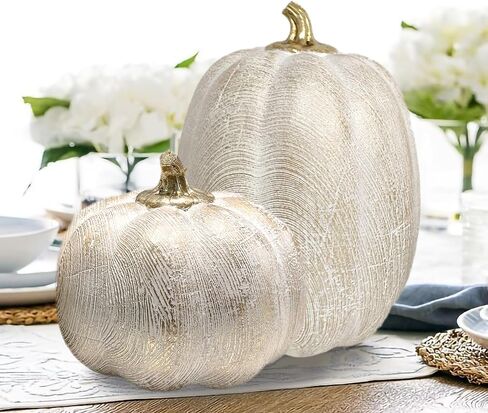 2 PCS Fall Pumpkin Decor, Gold Resin Pumpkin Figurines, Fall Decorations for Home, Rustic Farmhouse Neutral Artificial Pumpkin Statues for Thanksgiving, Table Centerpieces, Autumn, Harvest (Textured) in Saudi Arabia