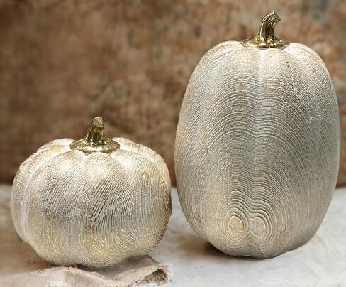 2 PCS Fall Pumpkin Decor, Gold Resin Pumpkin Figurines, Fall Decorations for Home, Rustic Farmhouse Neutral Artificial Pumpkin Statues for Thanksgiving, Table Centerpieces, Autumn, Harvest (Textured) in Saudi Arabia