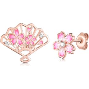 Pink Flower Earrings for Women,925 Sterling Silver Cherry Blossom Earrings Pretty Blooming Pink Flower Earrings and Fan Cherry Blossom Studs Earrings with 5A Cubic Zirconia,Anniversary Birthday Jewelry Gift for Girls Mom Daughter Wife