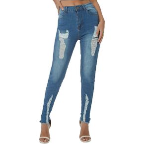 بنطال جينز LONGBIDA ممزق للنساء ذو ​​خصر عالٍ ومطاط من قماش الدنيم الضيق in Kuwait