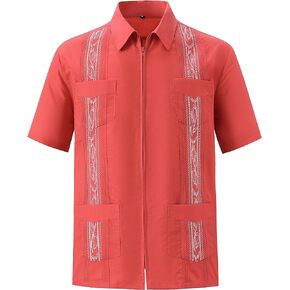 Men's Short Sleeve Guayabera Shirts for Men Cuban Zipper Casual Cotton Beach Tops with Pockets