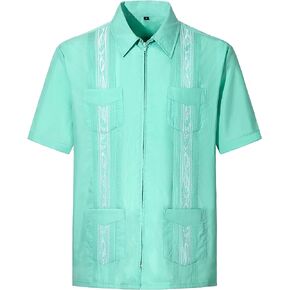 Men's Short Sleeve Guayabera Shirts for Men Cuban Zipper Casual Cotton Beach Tops with Pockets