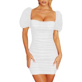 Eyshan Women's Short Puff Sleeves Mini Dresses Backless Square Neck Stretch Slim Casual Dress