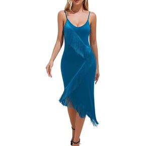 ZAFUL Women's Spaghetti Strap Sexy V Neck Tassels Irregular Hem Slit Bodycon Prom Party Cocktail Long Formal Dress