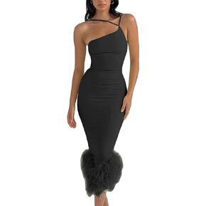 Suillty Sexy One Shoulder Feather Hem Midi Dresses for Women Elegant Sleeveless Bodycon Long Dress Cocktail Party Dresses